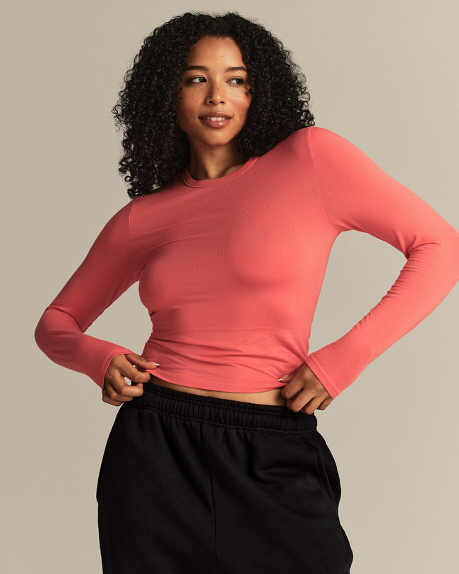 Smooth Contour Midi Crew Neck Long Sleeve T-Shirt | Sunlit Coral