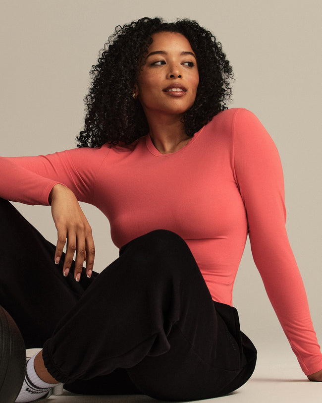 Smooth Contour Midi Crew Neck Long Sleeve T-Shirt | Sunlit Coral