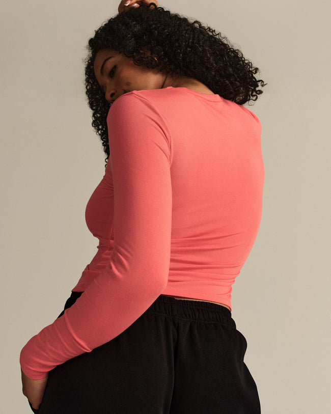 Smooth Contour Midi Crew Neck Long Sleeve T-Shirt | Sunlit Coral