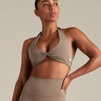 Essential Twist Front Halter Bra | Taupe Grey