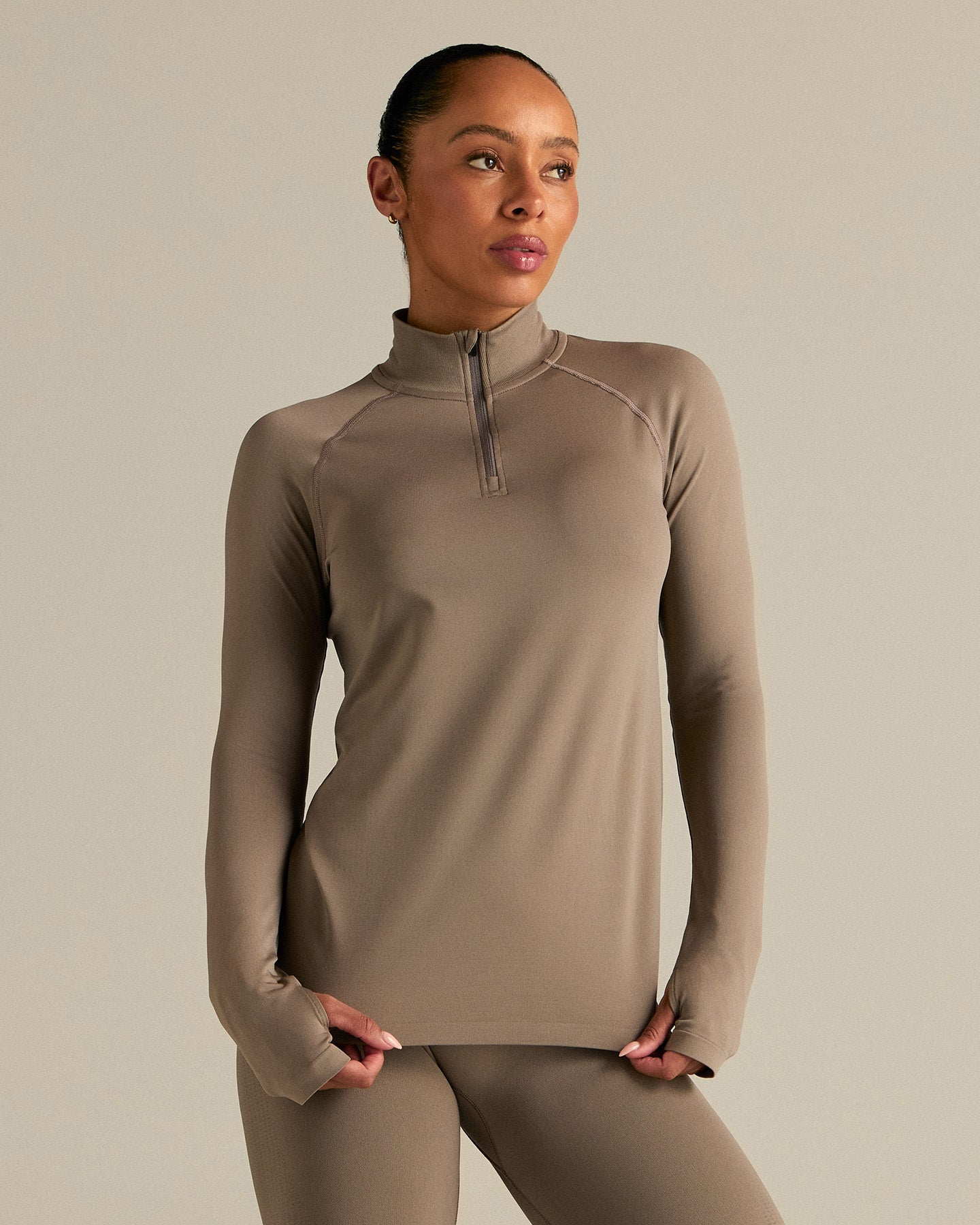 Lightweight Seamless 1/4 Zip Long Sleeve Top | Taupe Grey
