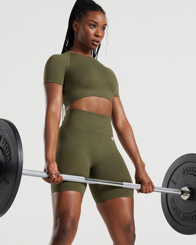 Power Seamless Short Sleeve Crop Top - Khaki | Women's Best Power Seamless Short Sleeve Crop Top - Khaki | Women's Best