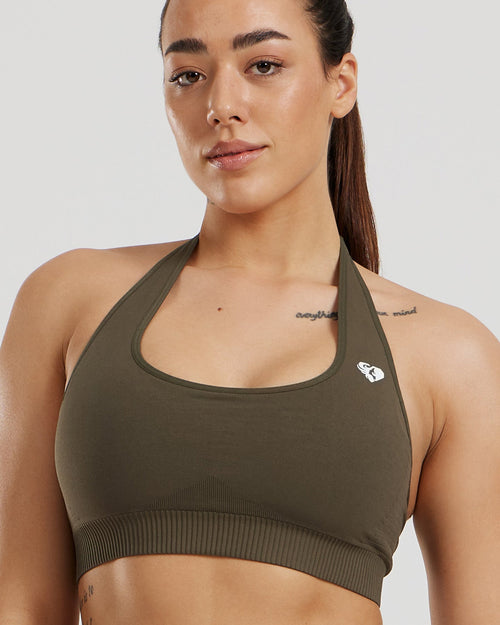 Power Seamless Halter Neck Bra | Dark Olive