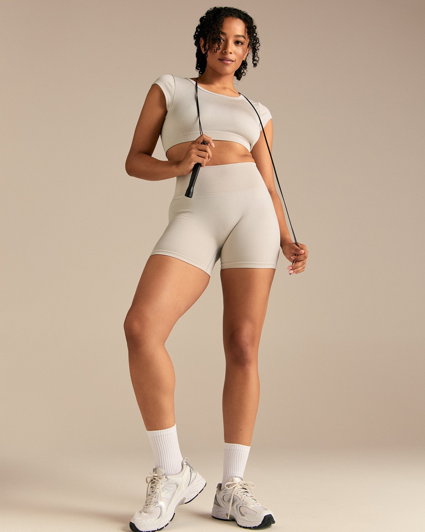 Motion Seamless Open Back Short Sleeve Crop Top | Stone