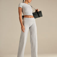 Cotton Contour Fold Over Straight Leg Pants | Grey Marl