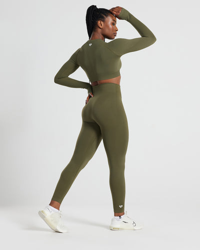 Power Seamless Long Sleeve Crop Top - Khaki | Women's Best