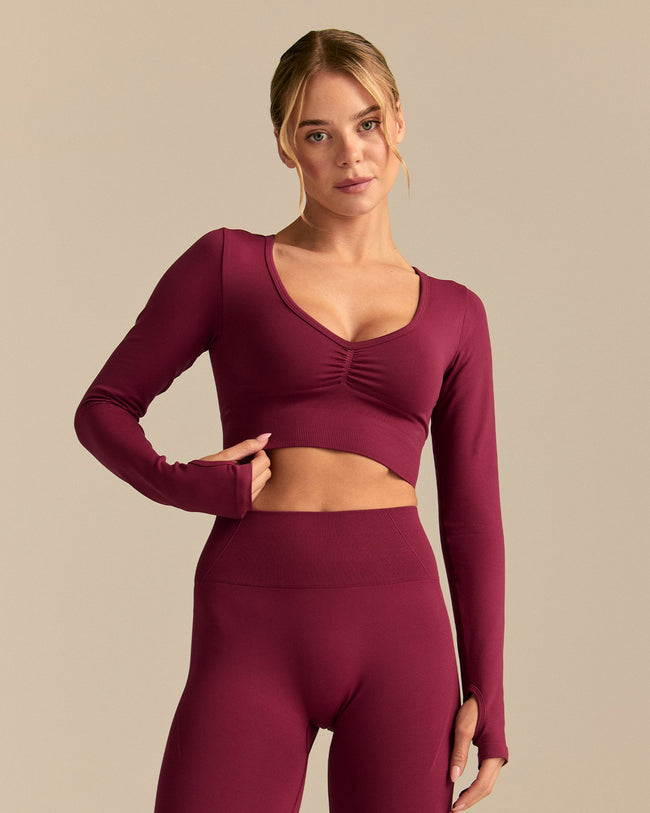 Define 2.0 Long Sleeve Scrunch Crop Top | Deep Berry (1/6)