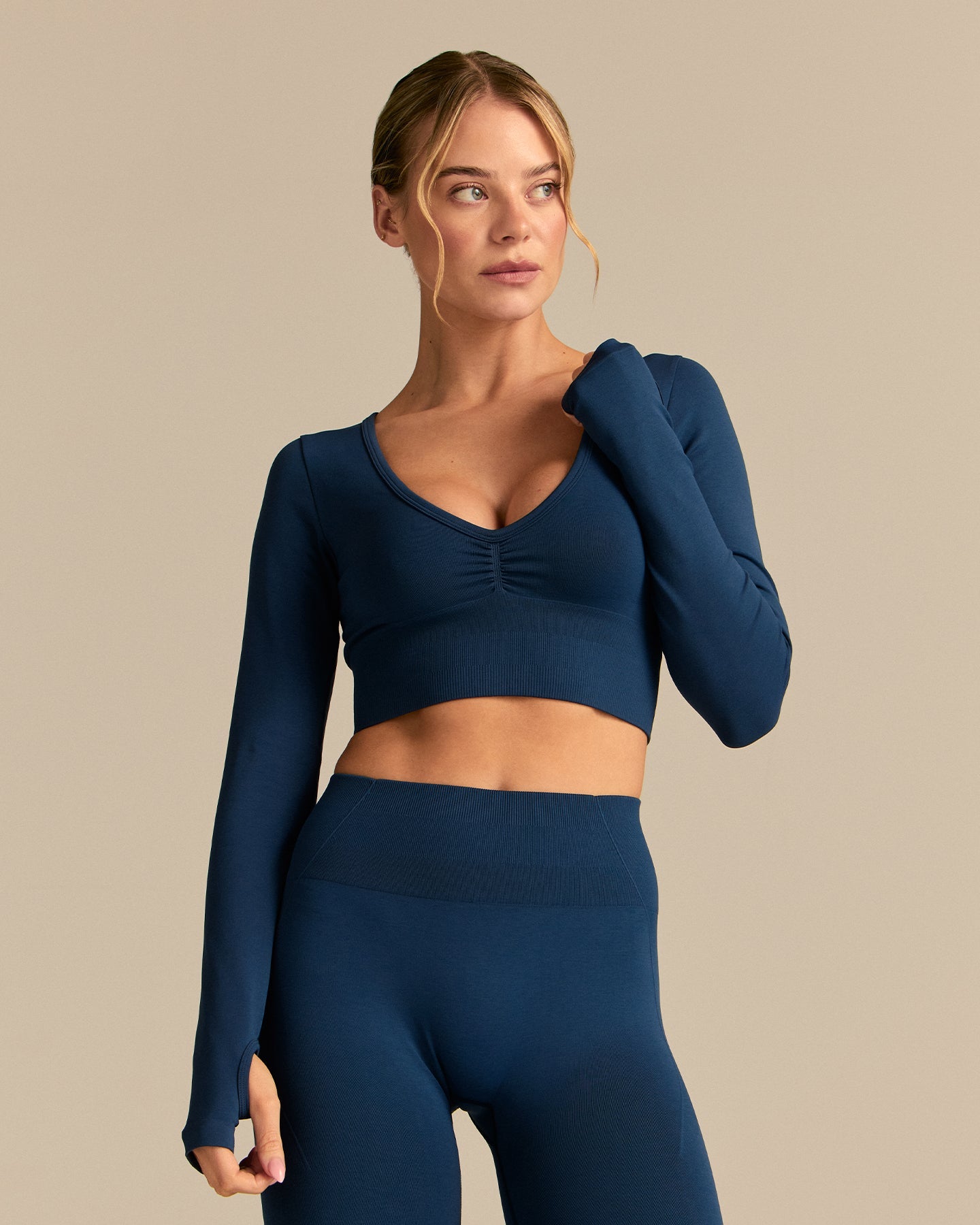 Define 2.0 Long Sleeve Scrunch Crop Top | True Navy (1/6)
