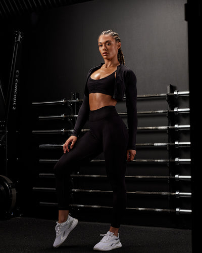 Athlete Crop Seamless Workout Zip Up - Black